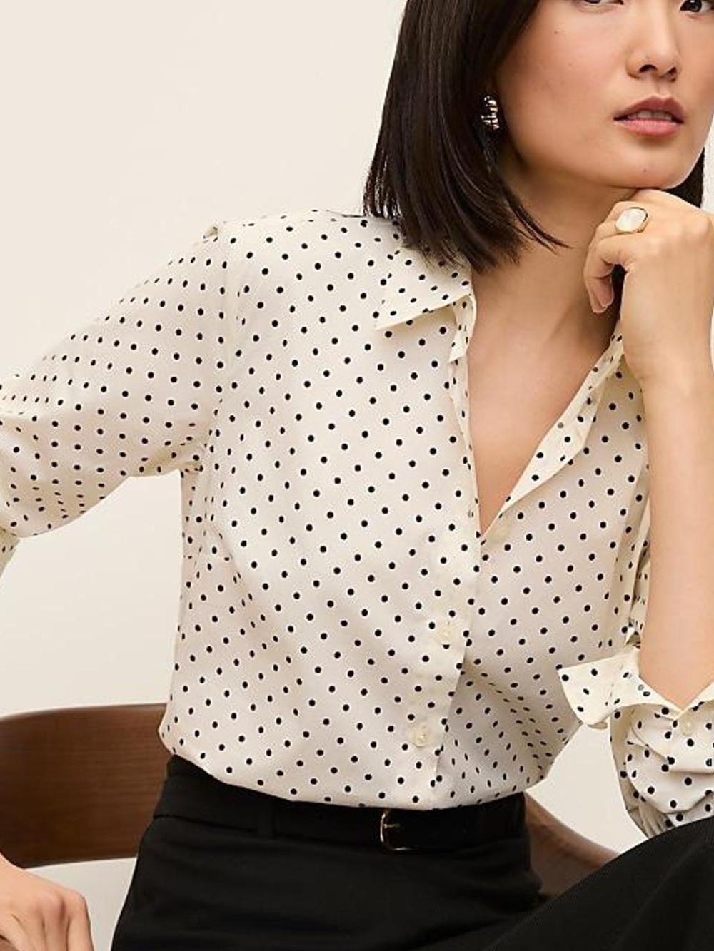 Ann Taylor Cream Polka Dot Button-Down Shirt 8 NWT